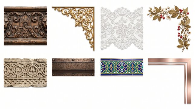 Collection of decorative border elements including carved wood lace and gold trim.