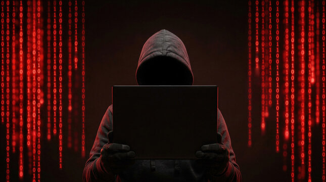 Hooded hacker with hidden face typing on laptop among falling red binary code. Dark cybercrime scene with digital data streams. Hacking, data theft and cyberattack concept.
