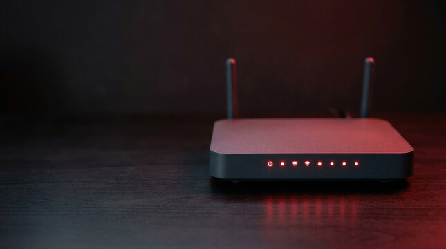 Wireless router with red glowing indicator lights on dark wooden desk. Close-up of modem with antennas in shadow. Internet network hacking and data theft concept. Cybersecurity threat.