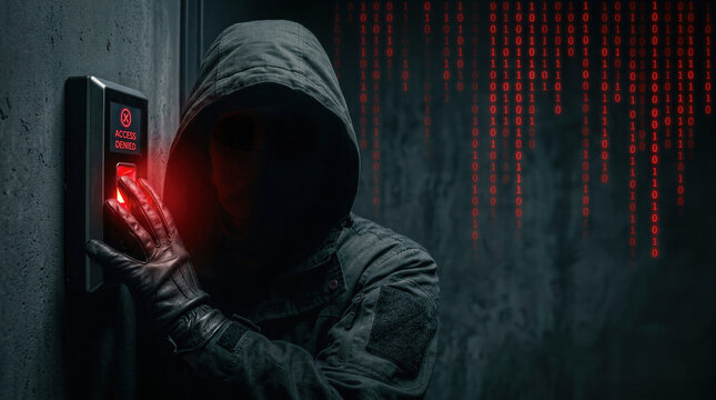Hooded hacker in black gloves touching fingerprint scanner with access denied warning. Dark concrete wall with red binary code in background. Cybercrime, hacking and data theft concept.
