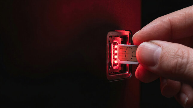 Hand inserting SIM card into glowing red slot on dark device. Close-up of chip card at red-lit reader. Hacking, SIM swap and data theft concept. Mobile technology.