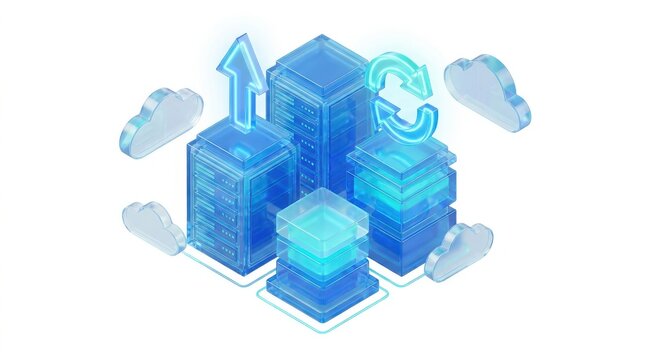 Modern digital illustration showing cloud computing servers with data transfer and storage symbols in 3D style