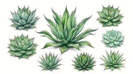 Fototapeta premium Set of watercolor agave and succulent plants isolated on white background