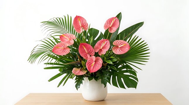 Pink anthurium flowers in a white vase on a wooden table with copy space