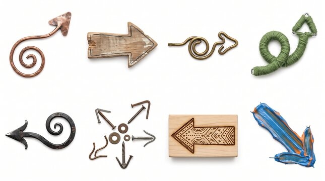 Decorative arrow set crafted from metal wood wool showing diverse artistic styles.