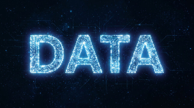 Glowing digital word DATA on dark background with circuitry pattern technology network binary