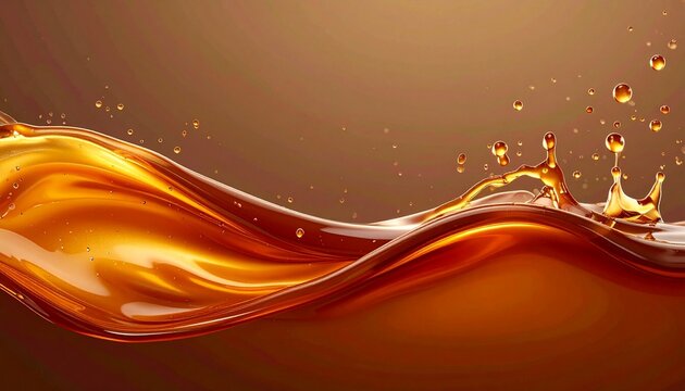 Amber liquid splash of sweet caramel syrup dynamic wave with flying droplets isolated on a transparent background design asset on brown background 
4
