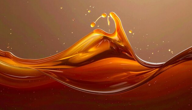 Amber liquid splash of sweet caramel syrup dynamic wave with flying droplets isolated on a transparent background design asset on brown background 
2