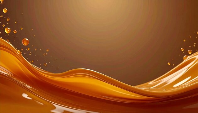 Amber liquid splash of sweet caramel syrup dynamic wave with flying droplets isolated on a transparent background design asset on brown background 
3