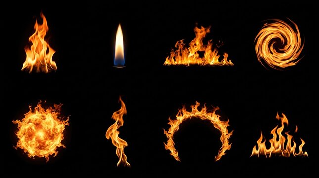 Dynamic fire flame collection with various shapes isolated on black background set.