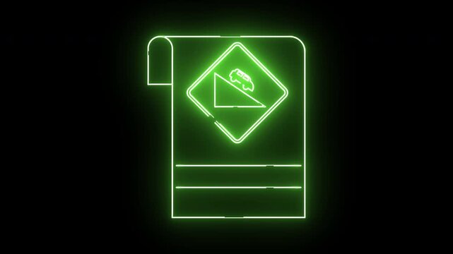Glowing Neon Green Document Icon with Cake Slice Symbol.