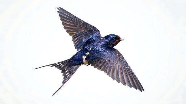 Beautiful purple martin bird flying gracefully against clear sky background