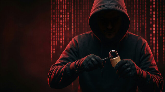 Hooded hacker picking a padlock in dark room with red binary code. Close-up of gloved hands breaking a lock. Cybercrime and data theft concept. Hacking, cybersecurity and data protection.