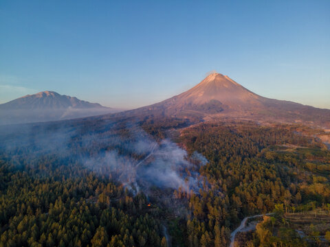 Aerial View of a Wildfire Burning on the Southwest Slope of Mount Merapi During the Afternoon in Jurangjero, Magelang, Indonesia. 