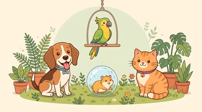 Cute cartoon pets including dog cat parrot and hamster in a garden setting