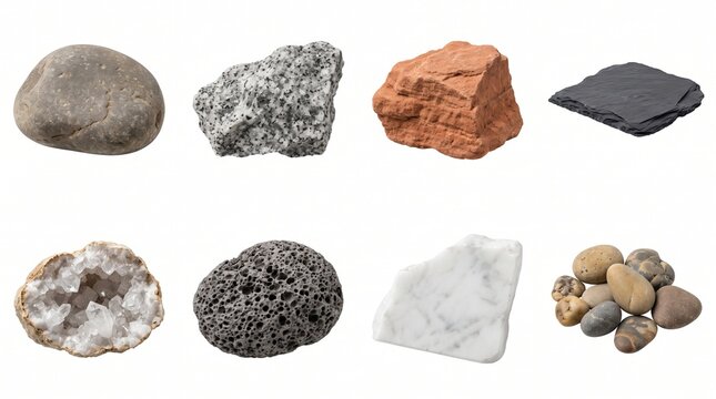 River stone granite red sandstone slate geode porous volcanic marble pebble group.