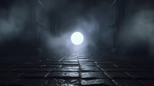 Dark mysterious stone corridor with eerie fog rolling over wet cobblestone pavement toward a bright glowing moon