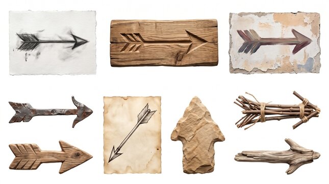 Rustic arrow collection made from diverse natural materials for decor navigation.