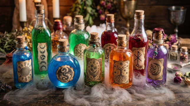 Colorful glass magic potion bottles with mystical symbols standing on a wooden alchemist table with smoke