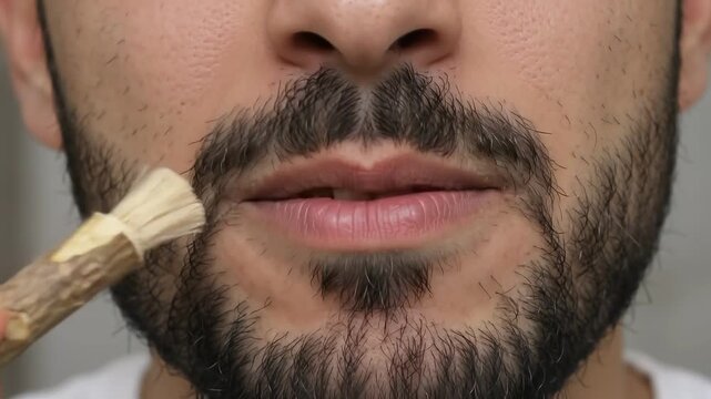 Close up of a man using a natural siwak twig for traditional oral hygiene and teeth cleaning to maintain healthy gums and a clean mouth