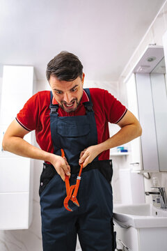 Plumber man having accident with wrench tool