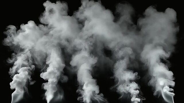Dynamic white smoke plumes rising continuously against a solid dark black background in motion footage
