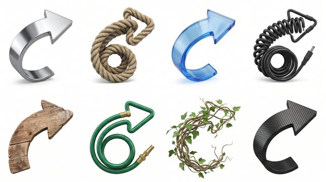 Set of unique curved arrow pointers crafted from wood rope glass cable and metal.