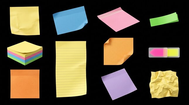 Sticky note collection with diverse shapes colors and paper textures for reminders.