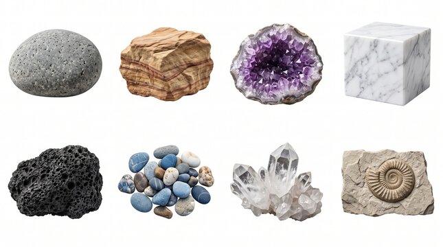Various natural mineral stones and fossil collection isolated on white background.