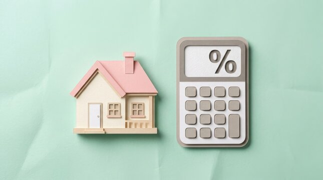 Paper model house and calculator showing percentage symbol on green table