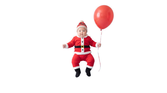 Adorable Baby in Santa Costume Floating with Balloon - Festive Holiday Portrait