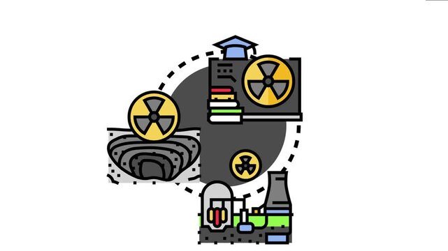 Nuclear energy generation concept presenting various aspects including academic study, resource extraction, and power plant infrastructure symbolized with hazard signs