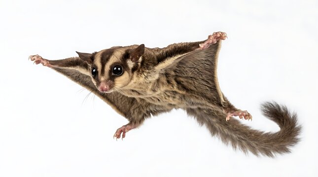 Flying squirrel gliding with extended patagium and bushy tail