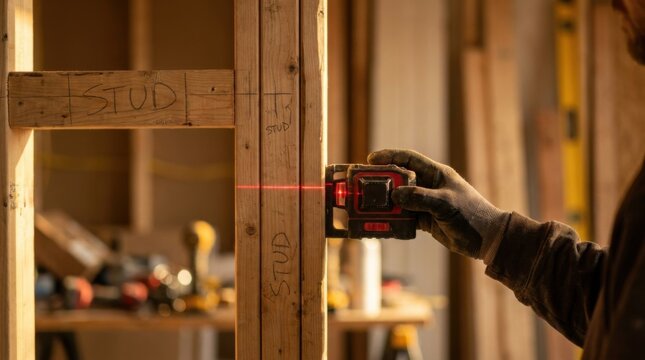 Contractor using a laser level on a freshly framed kitchen wall with pencil stud markings during renovation