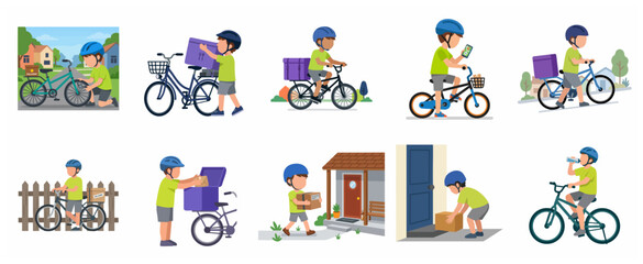 Fototapeta premium Set of flat vector illustrations showing a bicycle courier delivering packages, riding, checking GPS, and performing maintenance tasks for food or parcel delivery service.