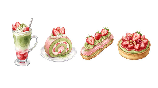 Watercolor Illustration Set of Strawberry Matcha Desserts including Latte Swiss Roll Eclair and Tart