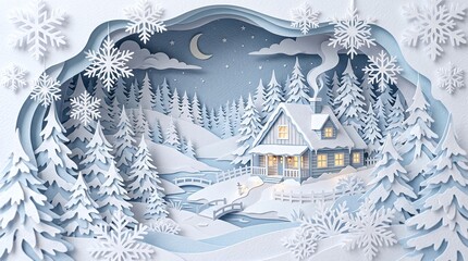 Obraz premium Paper cut style winter landscape with a cozy snow covered house, pine forest, bridge, and big snowflakes against a moonlit night sky