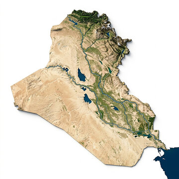 High resolution satellite view of the country of iraq showing geographical terrain and desert landscape features