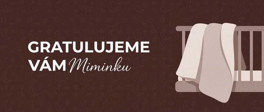 Baby shower congratulations Czech banner featuring wooden crib blanket illustration for newborn birth announcement card with text Gratulujeme vam miminku in cozy dark night background vector design.