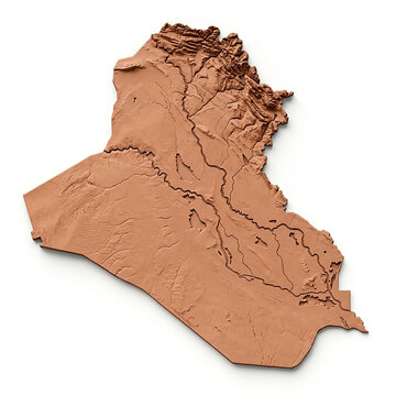 A detailed 3d topographical relief map of iraq showing geographical terrain features and elevation on white background