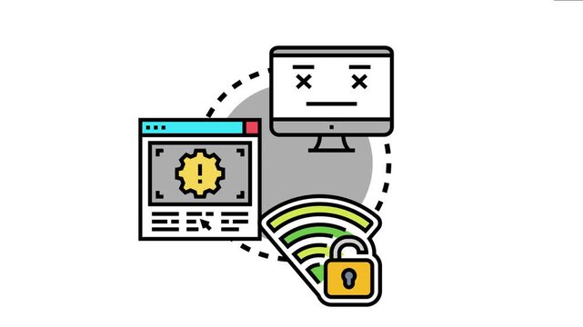 Computer showing an error screen, a browser window indicating system issues, and a wi fi signal icon with an unlocked padlock, internet connectivity problems and technical difficulties
