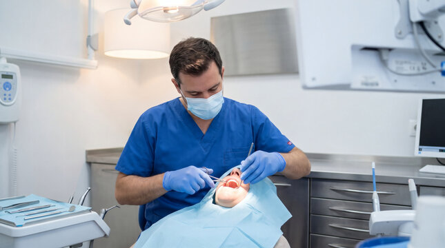 Dentist performing a tooth extraction procedure on a patient in a dental chair