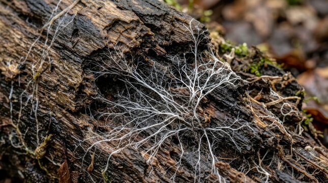 Delicate White Fungal Mycelium Spreading Across Dark Wood Surface
