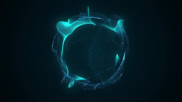 Glowing cyan energy ring with detailed particle mesh and scattered blue dots on a dark background. Circular frame for logos and titles, seamless loop.