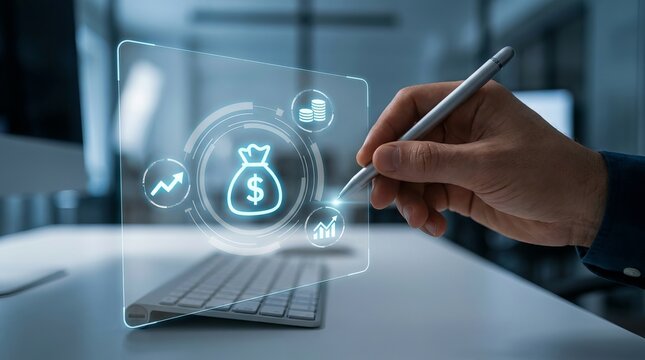 Hand pointing at digital financial icons floating above a laptop on a modern desk, illustrating innovation in finance technology