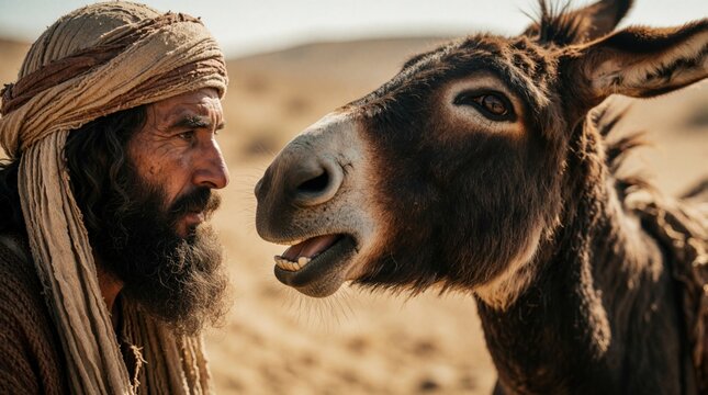 Biblical prophet Balaam talks to talking donkey in desert. Man with beard, headscarf looks at animal with amazement. Miraculous encounter between human, donkey in ancient landscape. Spiritual scene