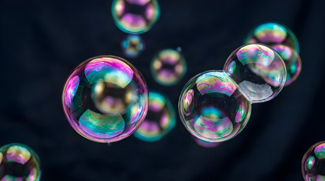 Floating transparent soap bubbles with rainbow iridescent reflections against a dark background rainbow reflection bubble texture light reflection colorful background transparency