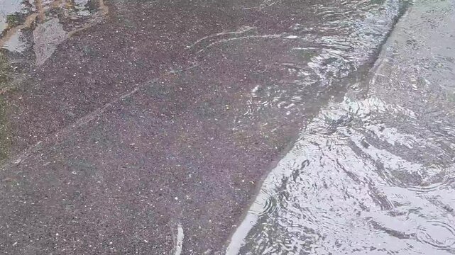 Rainwater flowing across dark asphalt pavement surface during heavy monsoon storm in urban area