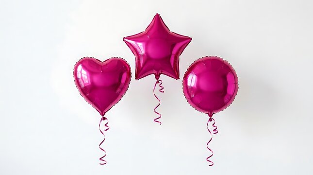 Three shiny foil balloons shaped as heart star and circle floating together