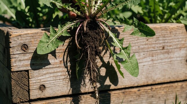 Hand holding uprooted dandelion weed with long taproot, soil. Gardener removes invasive plant from raised wooden bed. Organic lawn care, botanical study of taraxacum root system. Natural herb